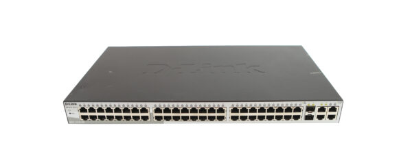 Przedni panel switcha D-Link z widocznymi dwoma rzędami portów RJ45 i diodami LED, obudowa lekko zapylona.