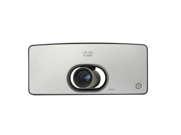 Kamera wideokonferencyjna Cisco TelePresence SX10 widziana od przodu z obiektywem na środku i logo Cisco u góry.