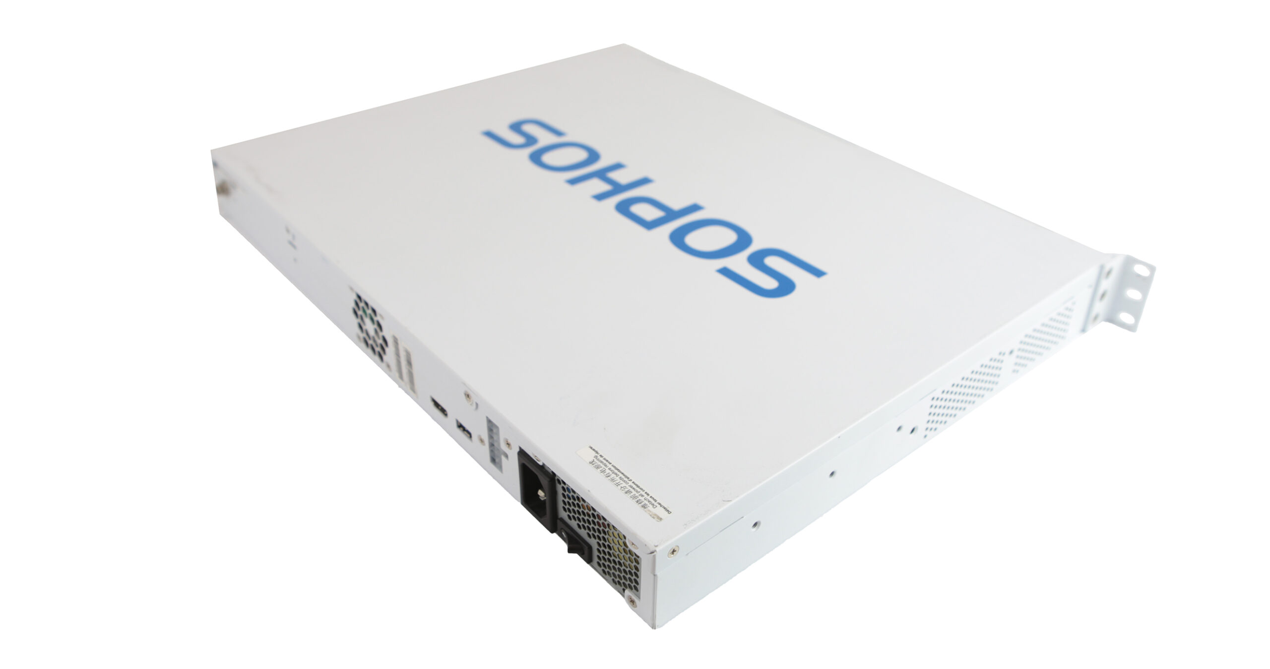 Obudowa firewalla Sophos SG 210 pod kątem z góry, widoczne logo Sophos na pokrywie i tylny panel ze złączami.
