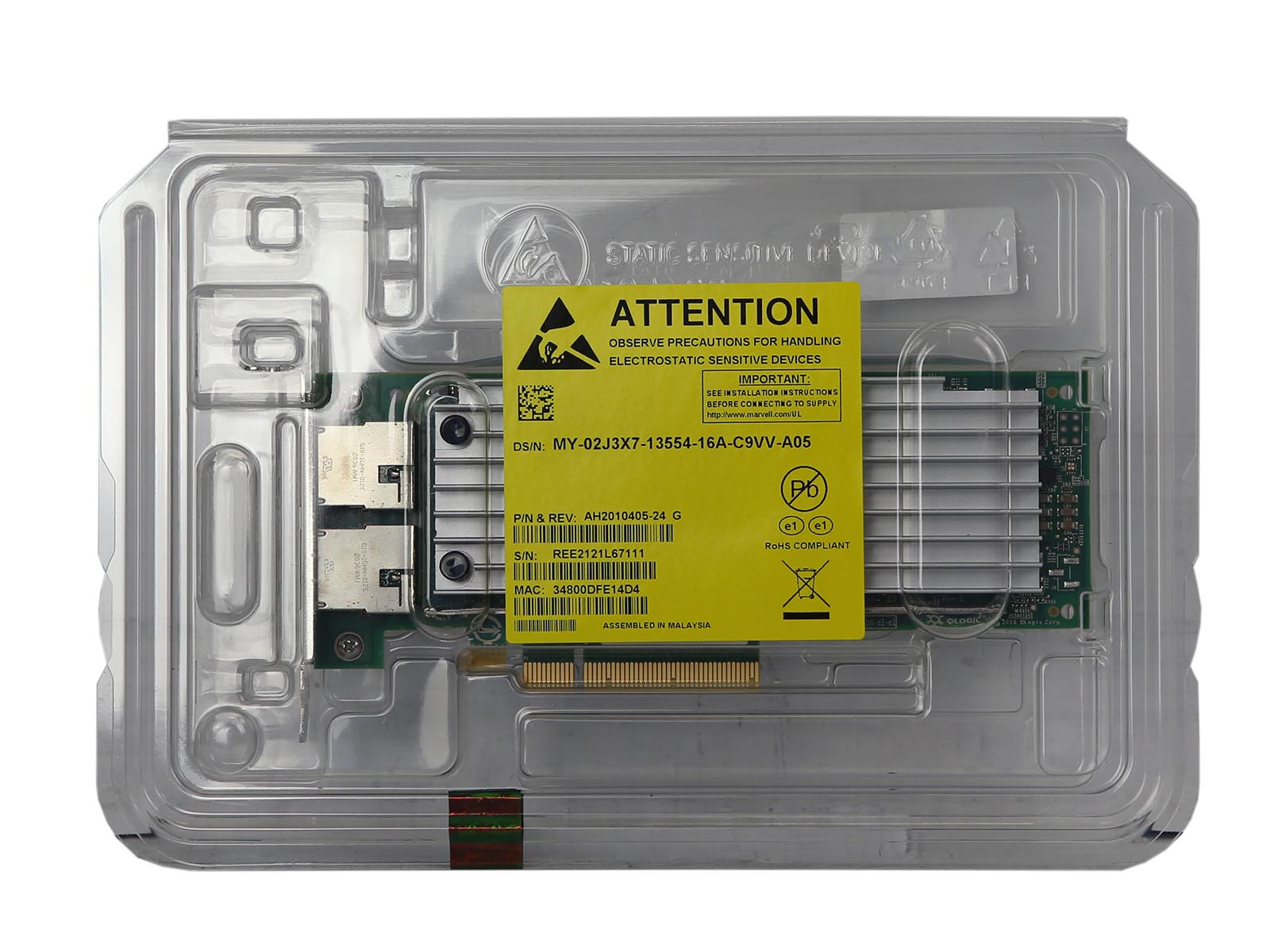 Karta sieciowa Dell QLogic z dwoma portami SFP+ w plastikowym opakowaniu ochronnym z naklejką ostrzegawczą ESD