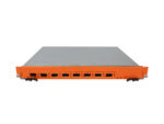 Przedni panel modułu Gigamon w pomarańczowej obudowie z ośmioma portami QSFP+ w rzędzie.