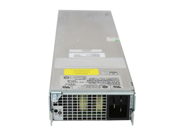 Zasilacz serwerowy Alcatel-Lucent z metalową obudową, gniazdem IEC do kabla zasilającego i żółtą naklejką informacyjną z boku.