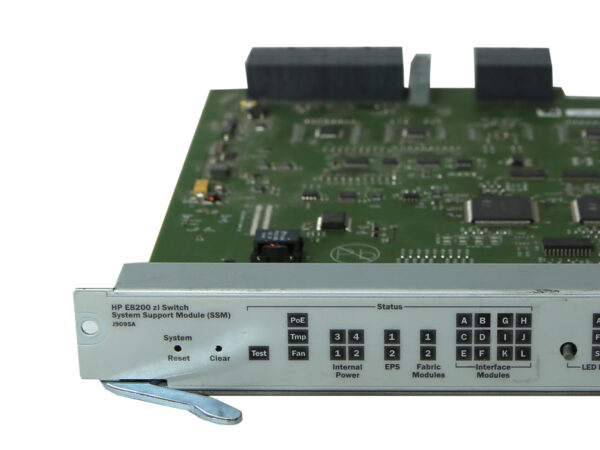Moduł HP E8200zl System Support Module z panelem diod LED i widoczną odsłoniętą płytą elektroniczną od góry.