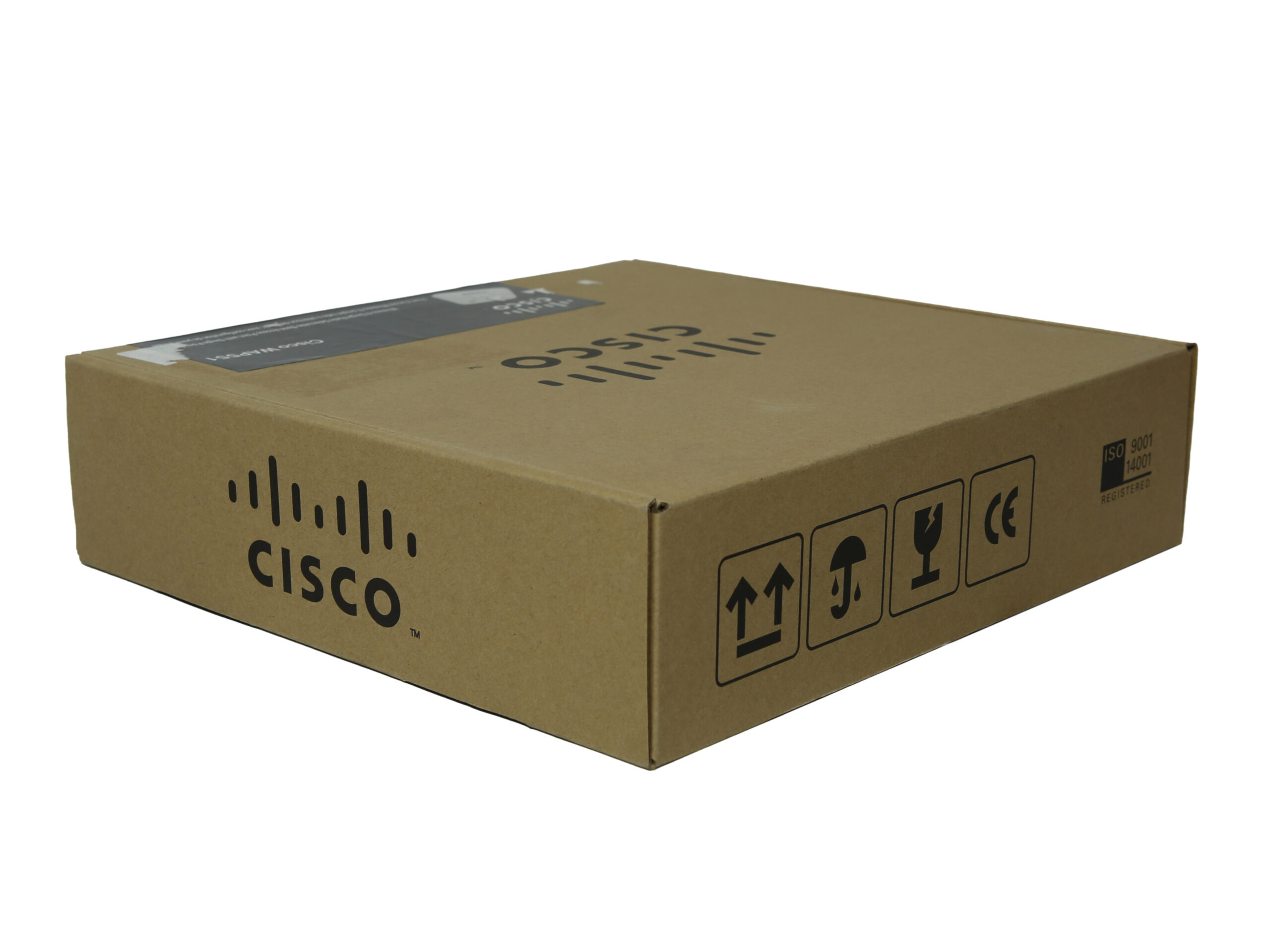 Zamknięte brązowe pudełko kartonowe Cisco z logo producenta i symbolami transportowymi na boku.