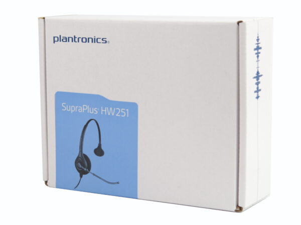 Białe pudełko Plantronics SupraPlus HW251 ze zdjęciem słuchawki nagłownej z jednym słuchawkiem i mikrofonem.