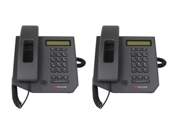 Dwa identyczne telefony biurkowe Polycom CX300 ze słuchawkami na widełkach, widok z przodu obok siebie