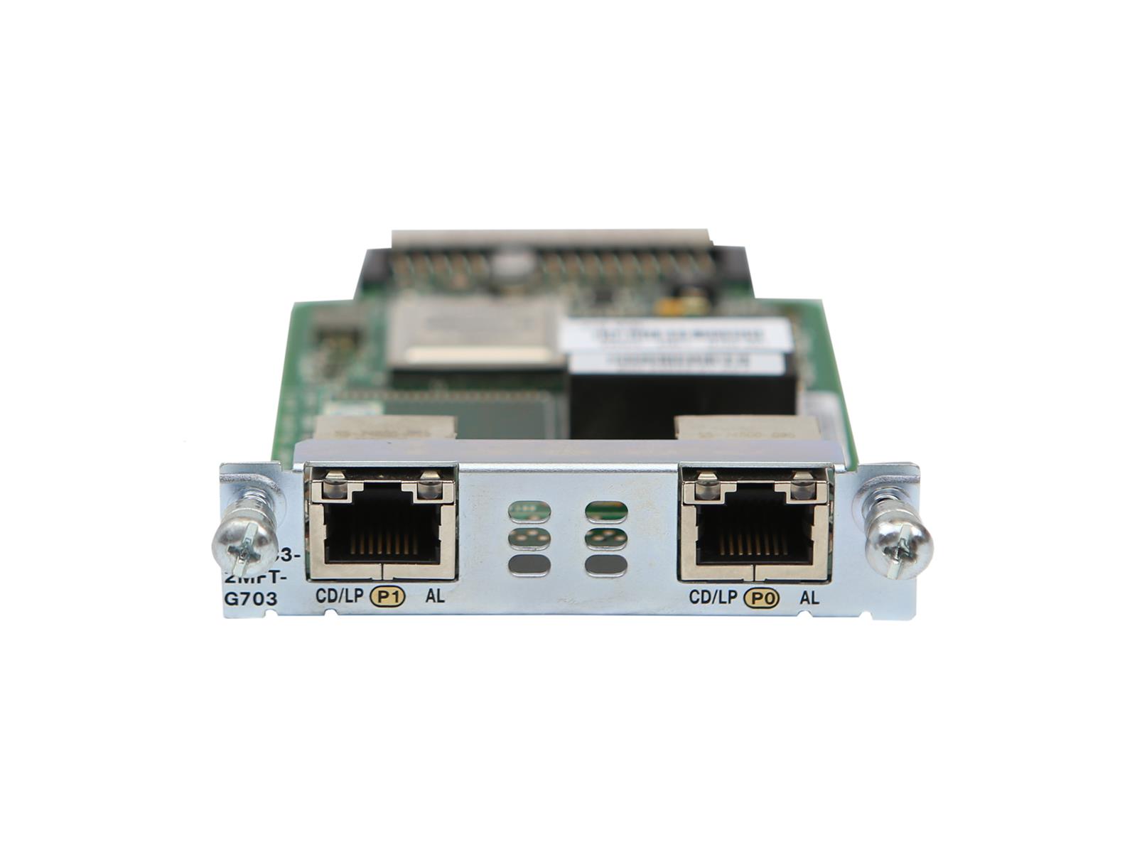 Moduł Cisco VWIC3-2MFT-G703 z dwoma portami RJ45 G703 i diodami stanu, śruby mocujące po bokach.