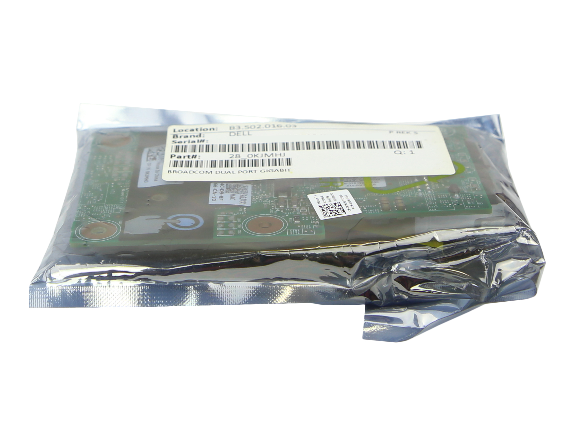 Karta sieciowa Dell Broadcom z dwoma portami RJ45 zapakowana w torebkę antystatyczną z naklejką z kodem.