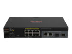 Przedni panel switcha Aruba z ośmioma portami RJ45 PoE+, dwoma portami combo i diodami stanu, obudowa bez widocznych uszkodzeń.