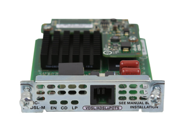 Moduł Cisco EHWIC z widocznym radiatorem, rzędem diod LED, portem RJ11 i metalowym panelem czołowym z opisem