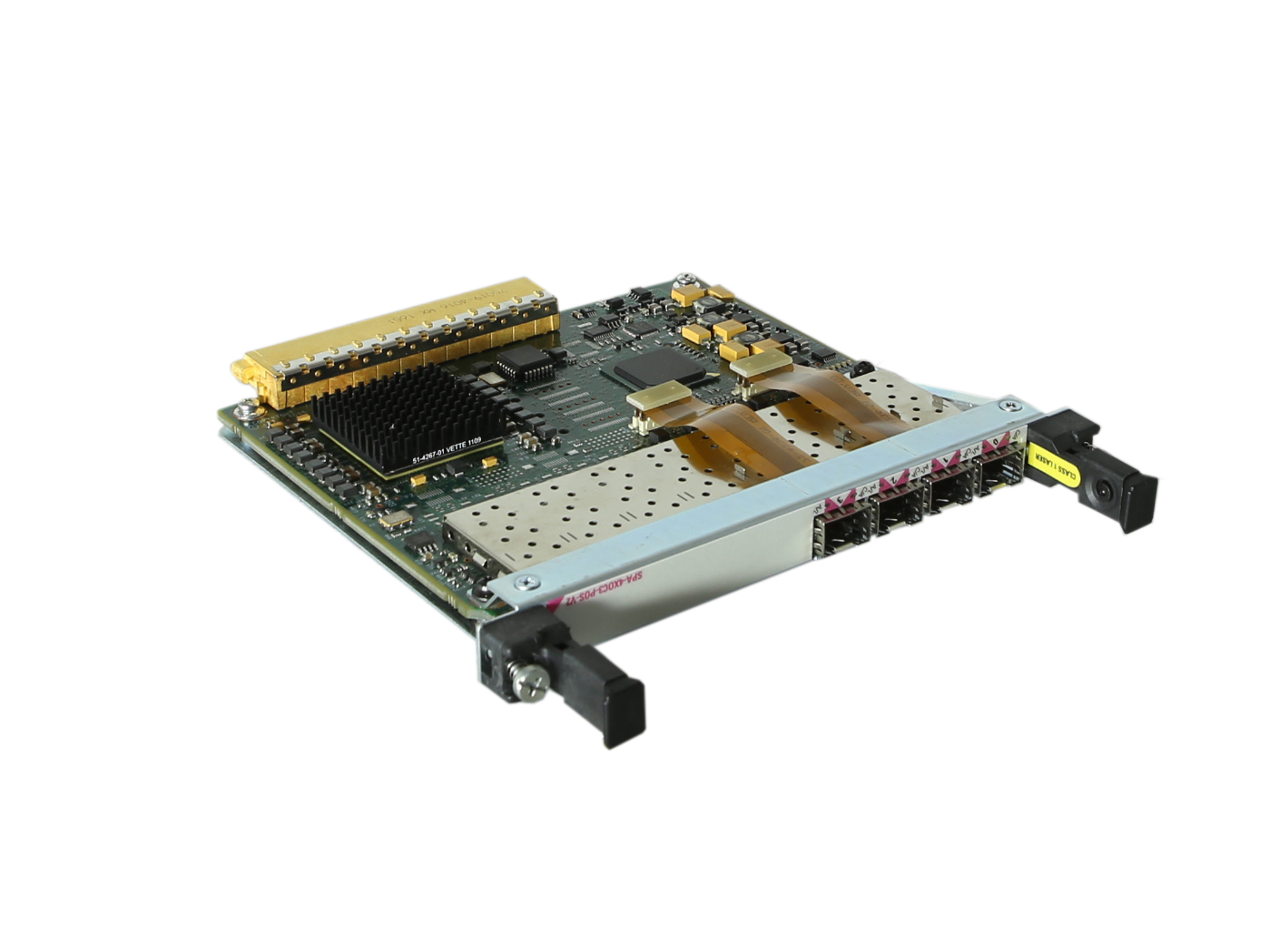 Karta modułu Cisco SPA z czterema portami SFP na przedniej krawędzi i widocznymi układami elektronicznymi na płycie.