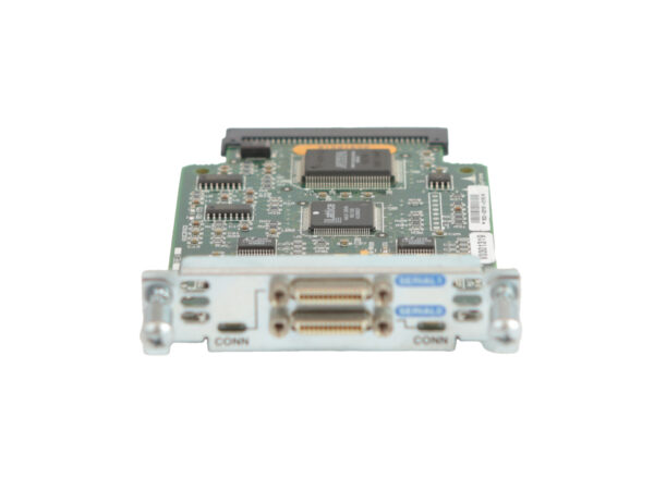 Karta WAN Cisco WIC-2T z dwoma portami Smart Serial i złączem do slotu routera, widoczna płytka elektroniczna.