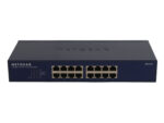 Przedni panel switcha Netgear ProSafe z dwoma rzędami po osiem portów RJ45 i diodami LED z lewej strony.