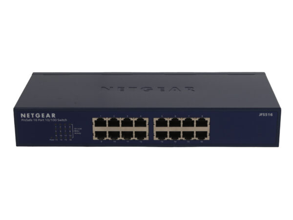 Przedni panel switcha Netgear ProSafe z dwoma rzędami po osiem portów RJ45 i diodami LED z lewej strony.