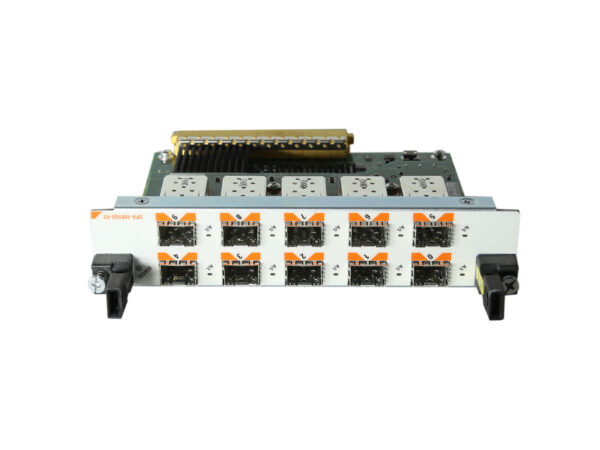 Karta modułu Cisco z dziesięcioma slotami SFP w dwóch rzędach i złączem krawędziowym u góry.