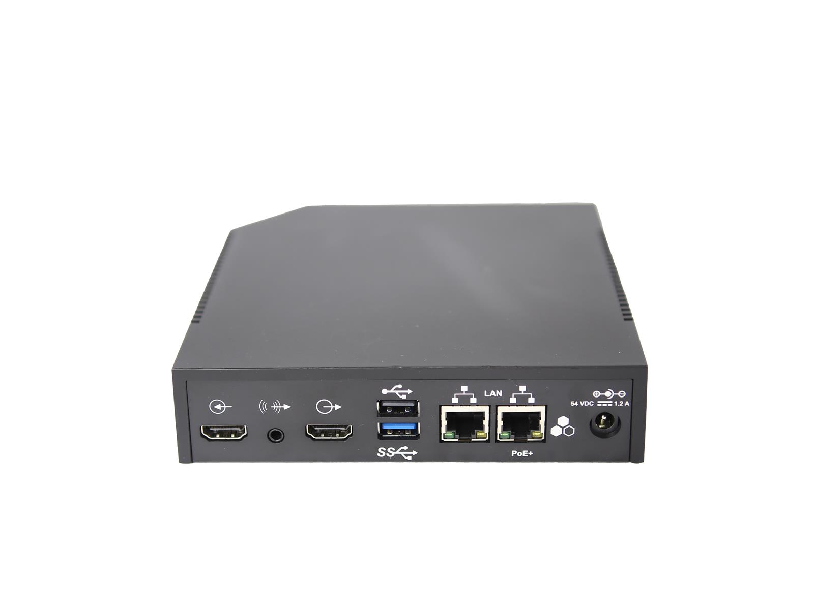 Przedni panel urządzenia Polycom Pano z portami HDMI, USB-C, dwoma USB, dwoma LAN i wejściem zasilania.