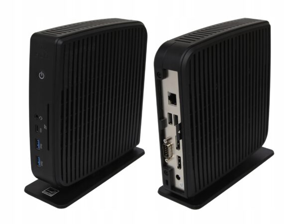 Dwa terminale IGEL M350C na stopkach, obudowy przód i tył: przycisk zasilania z portami USB oraz złącza VGA i RJ45 z tyłu.