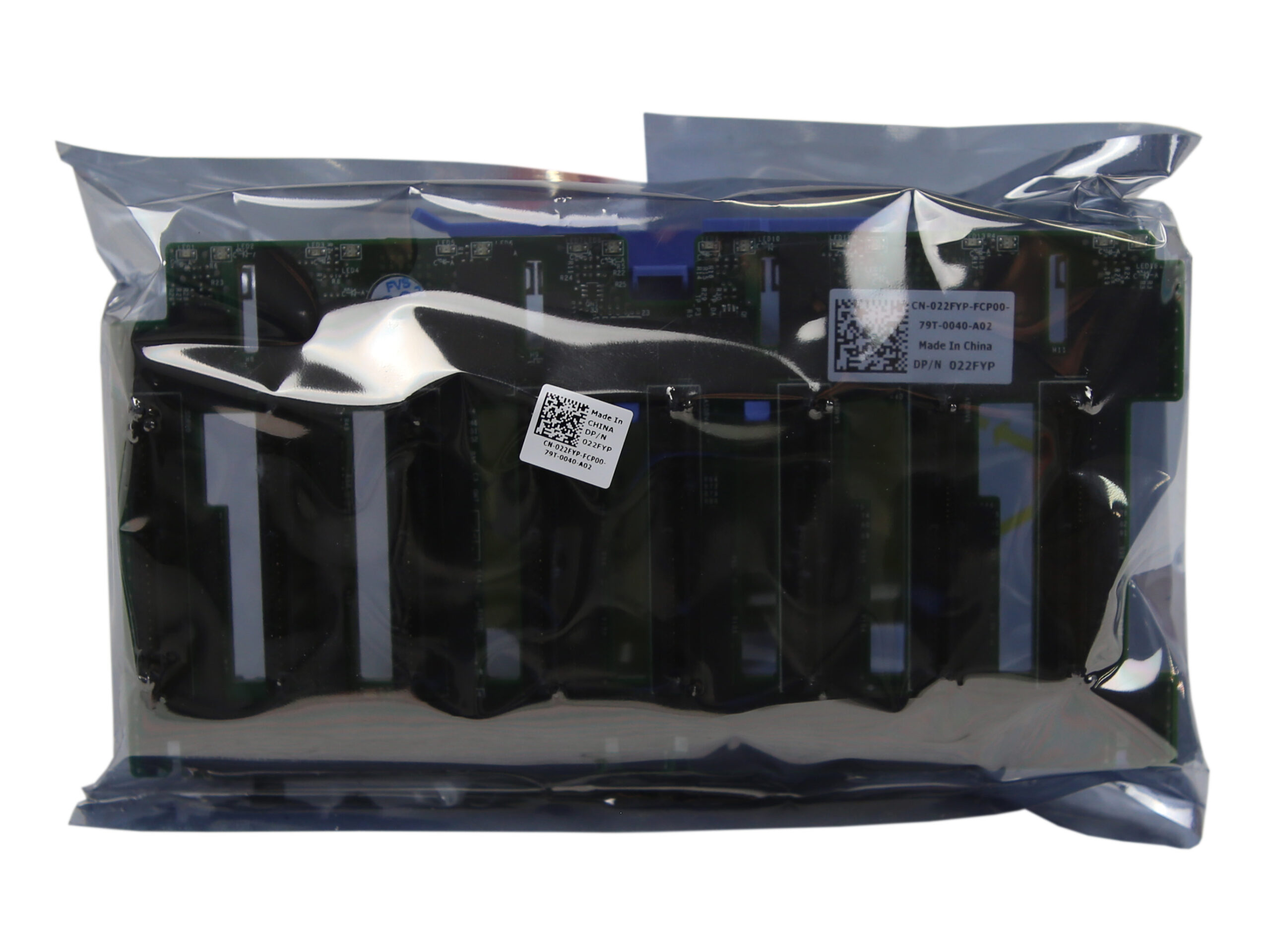 Backplane Dell 8x 2.5" zapakowany w zamkniętą torebkę antystatyczną z naklejką z kodem kreskowym.