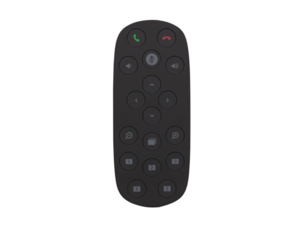Czarny pilot Logitech Rally z przyciskami odbierania i kończenia połączenia oraz rzędami okrągłych klawiszy funkcyjnych.