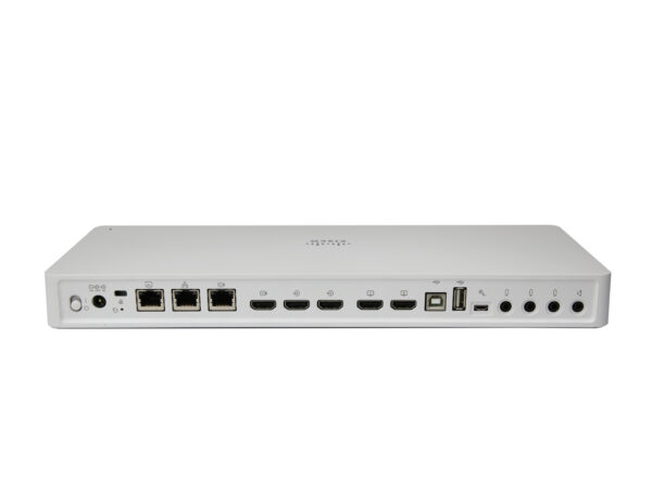 Tylny panel kodeka Cisco Webex z rzędem złączy HDMI, portami sieciowymi RJ45 i portem USB, obudowa biała bez śladów uszkodzeń.