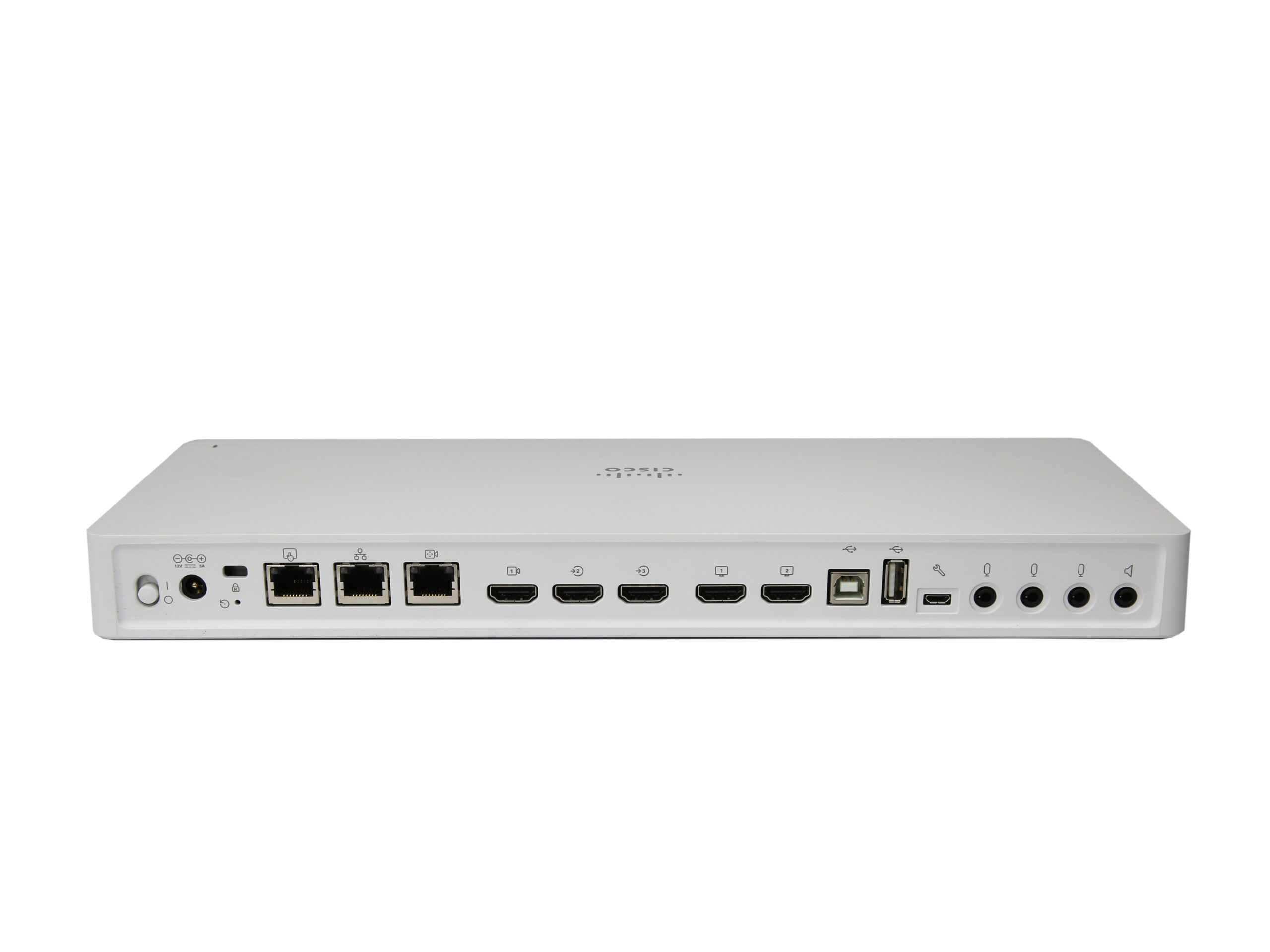 Tylny panel kodeka Cisco Webex z rzędem złączy HDMI, portami sieciowymi RJ45 i portem USB, obudowa biała bez śladów uszkodzeń.