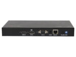 Przedni panel transmitera z portami HDMI IN, DP IN, VGA IN, Audio, Ethernet i StreamNet, na czarnej obudowie.