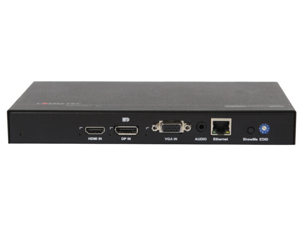 Przedni panel transmitera z portami HDMI IN, DP IN, VGA IN, Audio, Ethernet i StreamNet, na czarnej obudowie.