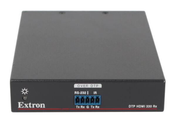 Przedni panel odbiornika Extron DTP HDMI 330 Rx z opisem RS-232 i złączem śrubowym Tx/Rx.