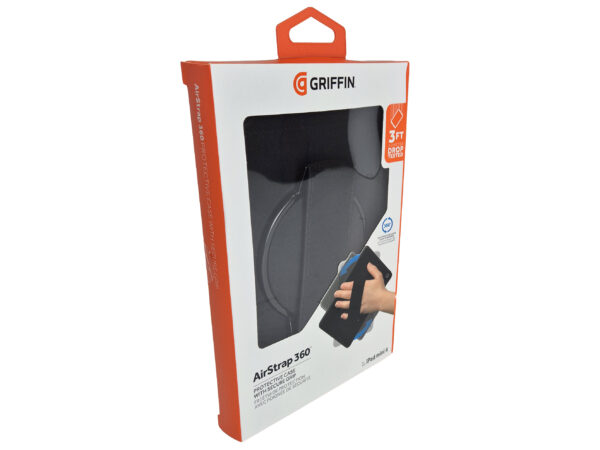 Opakowanie Griffin AirStrap 360 w oryginalnym pudełku z okienkiem, widoczne czarne etui z uchwytem na dłoń.