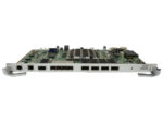 Karta modułu Huawei do szafy rack z odkrytą płytką elektroniczną i rzędem portów RJ45 z boku obudowy.