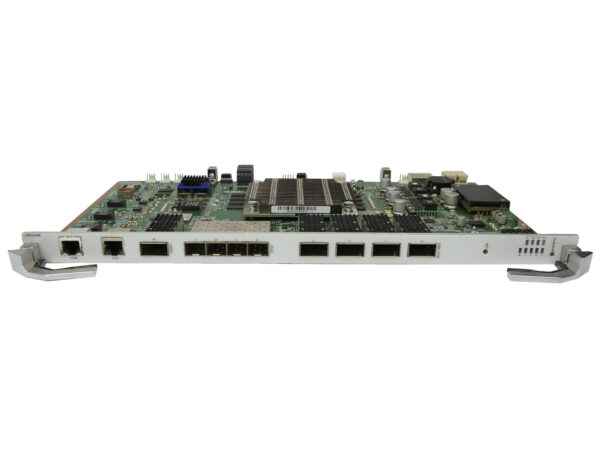 Karta modułu Huawei do szafy rack z odkrytą płytką elektroniczną i rzędem portów RJ45 z boku obudowy.