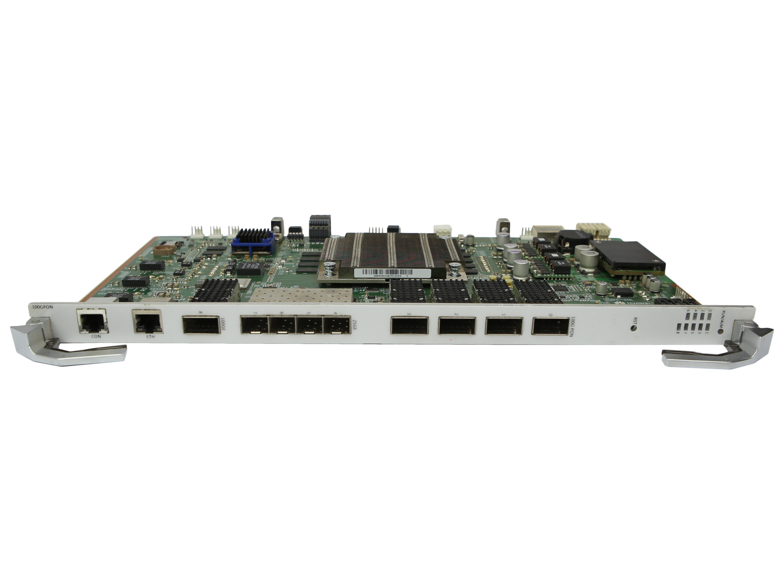 Karta modułu Huawei do szafy rack z odkrytą płytką elektroniczną i rzędem portów RJ45 z boku obudowy.