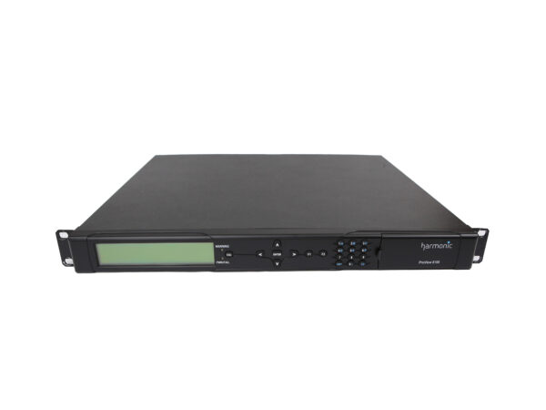 Przedni panel dekodera Harmonic ProView z wyświetlaczem LCD i rzędem przycisków, obudowa rack 1U widziana pod kątem.