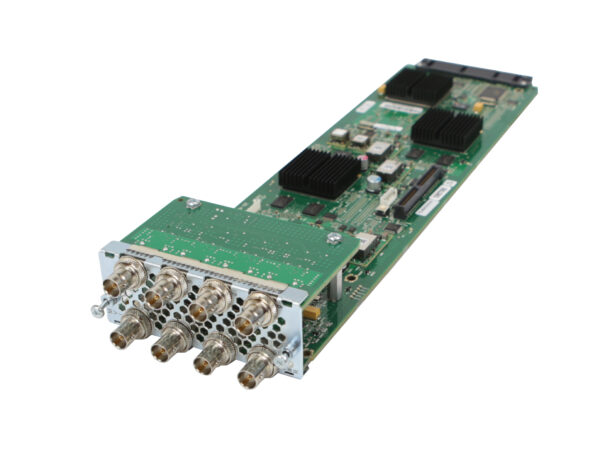 Karta modułu Cisco z zieloną płytką PCB i przednim panelem z ośmioma złączami BNC.