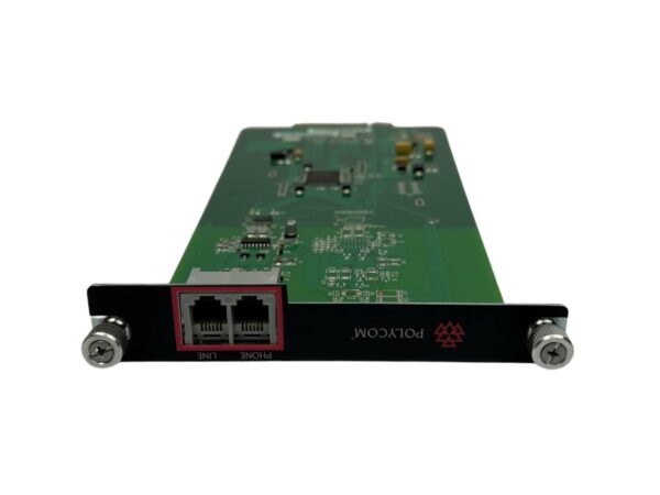 Karta rozszerzeń Polycom TEL1 z widoczną zieloną płytką elektroniczną i dwoma portami RJ11 na czarnym panelu czołowym.