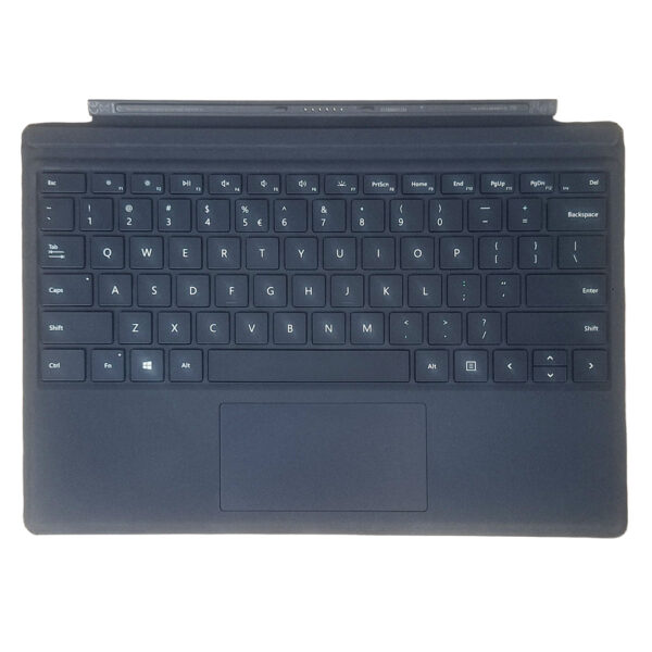 Granatowa klawiatura Microsoft Surface Type Cover z touchpadem, widziana z góry, częściowo złożona na tablecie.