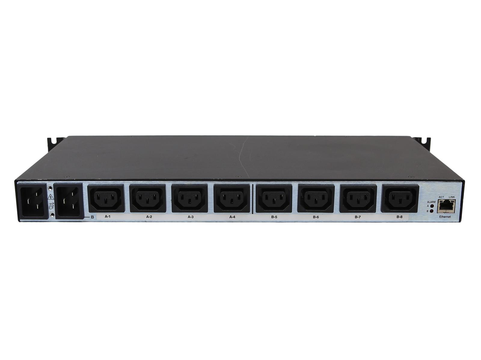 Listwa PDU Perle RPS820 z uszami montażowymi, widok z przodu na osiem gniazd IEC320-C13 i port zarządzania.