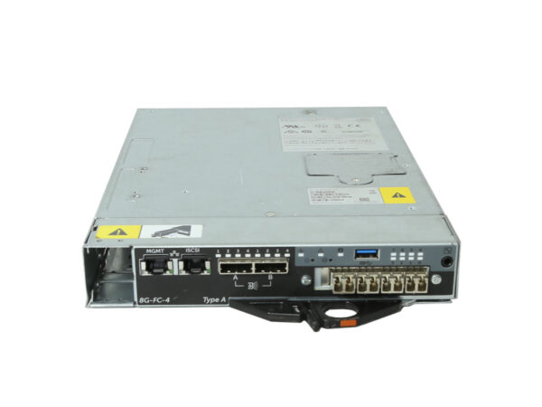 Moduł kontrolera Dell z czterema portami SFP+ i portem zasilania widoczny pod kątem z boku, obudowa w dobrym stanie.