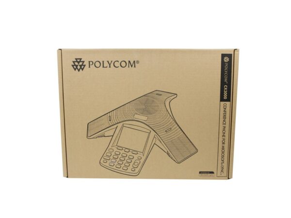 Zamknięte pudełko kartonowe telefonu konferencyjnego Polycom CX3000 z nadrukiem logo i grafiką urządzenia.