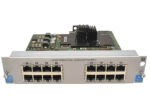 Moduł HP J8764A z dwoma rzędami po osiem portów RJ45 i widoczną płytką elektroniczną z chłodzeniem od góry