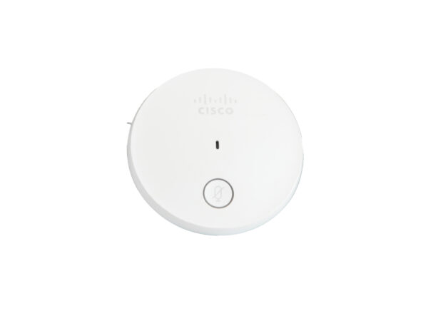 Okrągły biały mikrofon konferencyjny Cisco widziany z góry, z pojedynczym przyciskiem i diodą wskaźnika pośrodku.