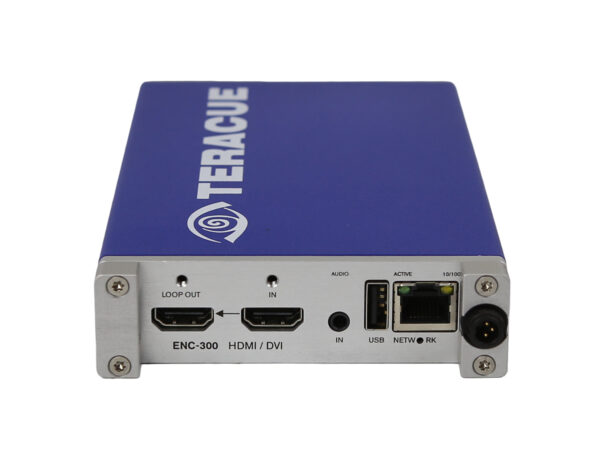 Przedni panel enkodera Teracue ENC-300 z widocznymi portami HDMI/DVI, USB, LAN i gniazdem zasilania.