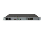 Tylny panel przełącznika KVM HP w obudowie rack, widoczne dwa gniazda zasilania, port PS/2, VGA oraz osiem portów RJ45.