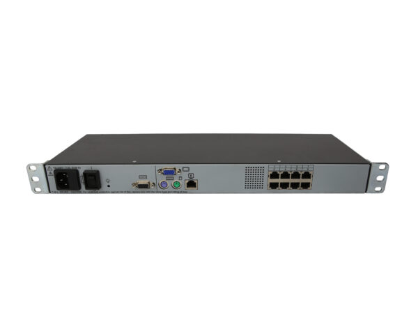Tylny panel przełącznika KVM HP w obudowie rack, widoczne dwa gniazda zasilania, port PS/2, VGA oraz osiem portów RJ45.