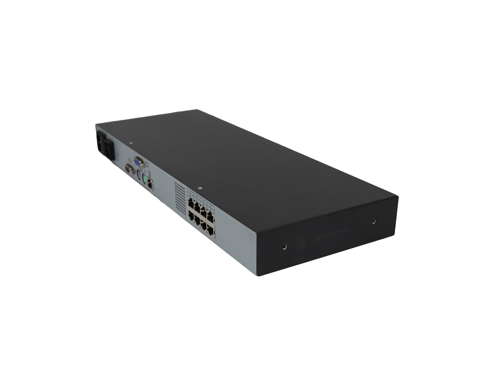 Przełącznik KVM HP z góry pod kątem, widoczne dwa rzędy portów RJ-45 na czarnej metalowej obudowie.