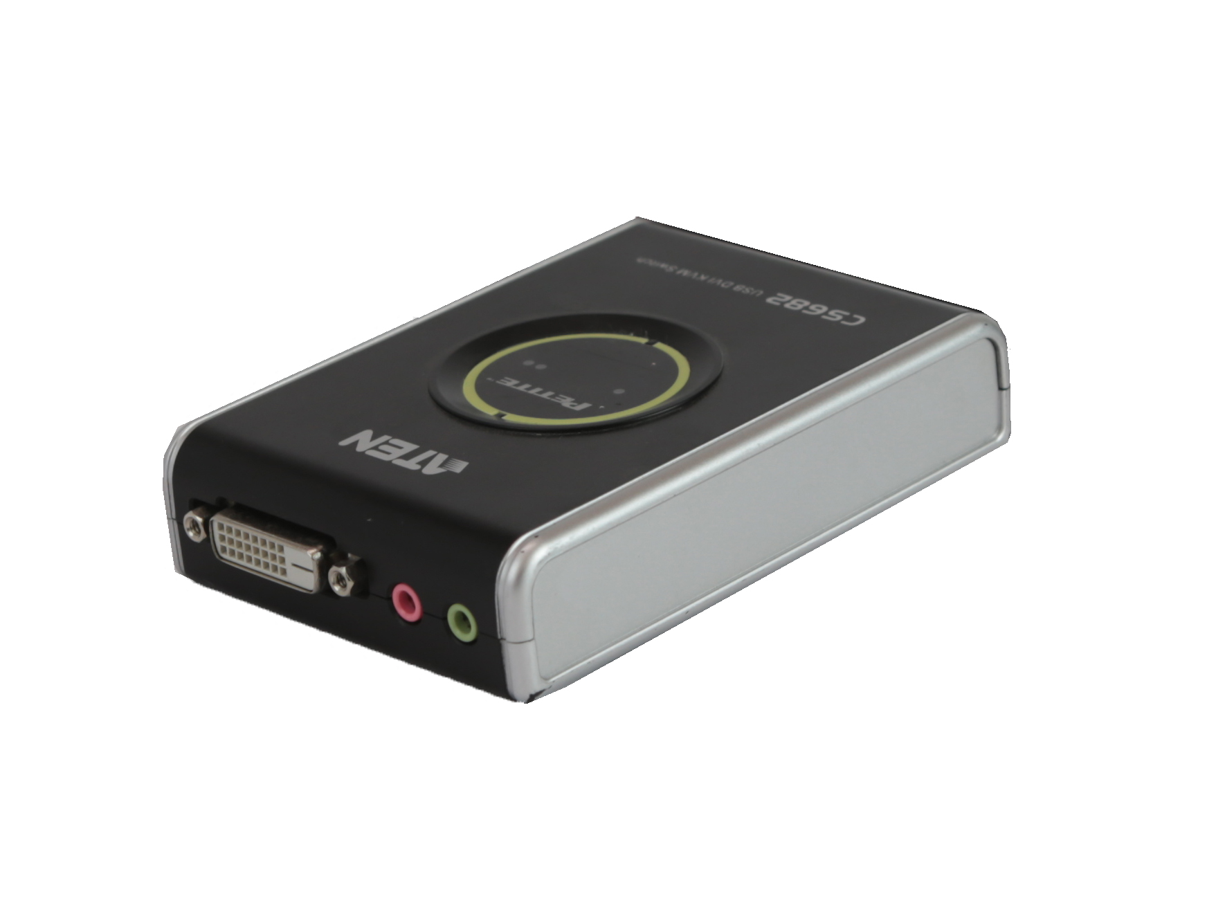 Przełącznik KVM Aten CS682 pod kątem z przyciskiem na górze oraz portem DVI-D i gniazdami audio z boku.