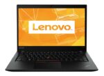 Laptop Lenovo ThinkPad T490s otwarty pod kątem z przodu, na ekranie logo Lenovo, widoczna czarna klawiatura z touchpointem.