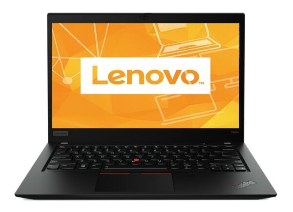 Laptop Lenovo ThinkPad T490s otwarty pod kątem z przodu, na ekranie logo Lenovo, widoczna czarna klawiatura z touchpointem.