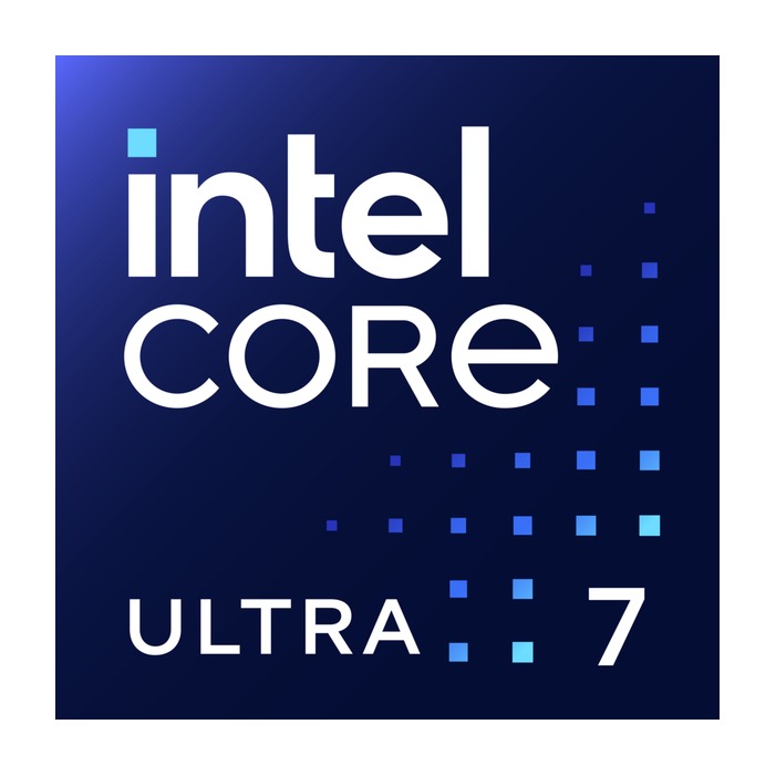 Logo Intel Core Ultra 7 na granatowym tle z niebieskim wzorem kropek.