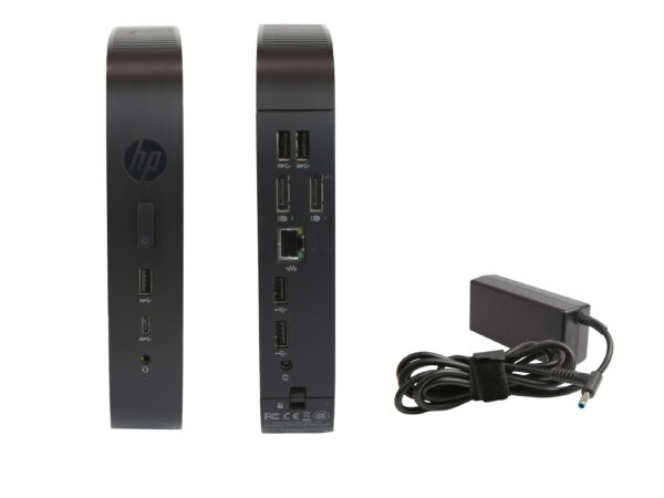Terminal HP T530 od przodu i tyłu obok dołączonego zasilacza z kablem, widoczne porty USB i złącze zasilania.